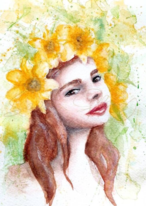 Akvarelová malba Dívka s narcisy autorský tisk