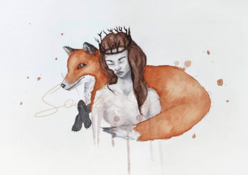 Akvarelová malba Královna s liškou autorský tisk
