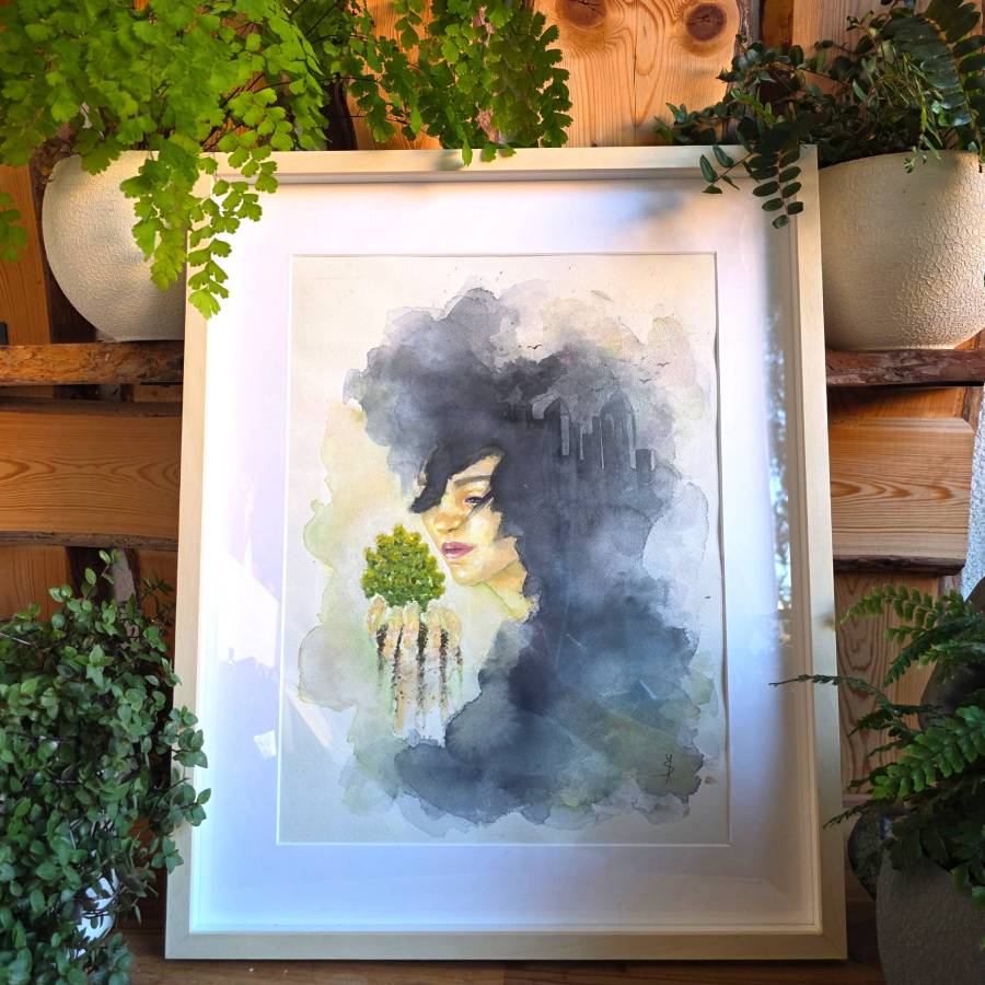 akvarelový obraz Poslední kousek přírody II v interiéru