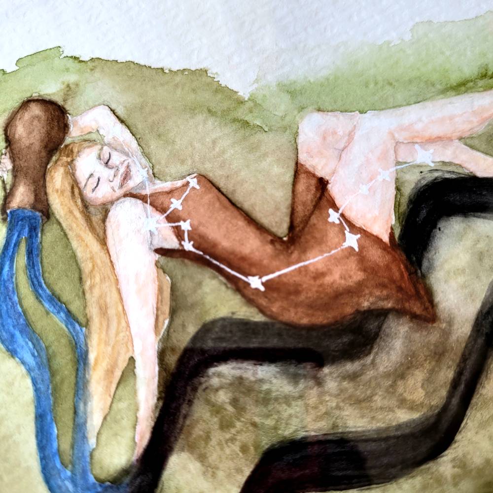 Detail autorského akvarelového obrazu Zodiak – Vodnář