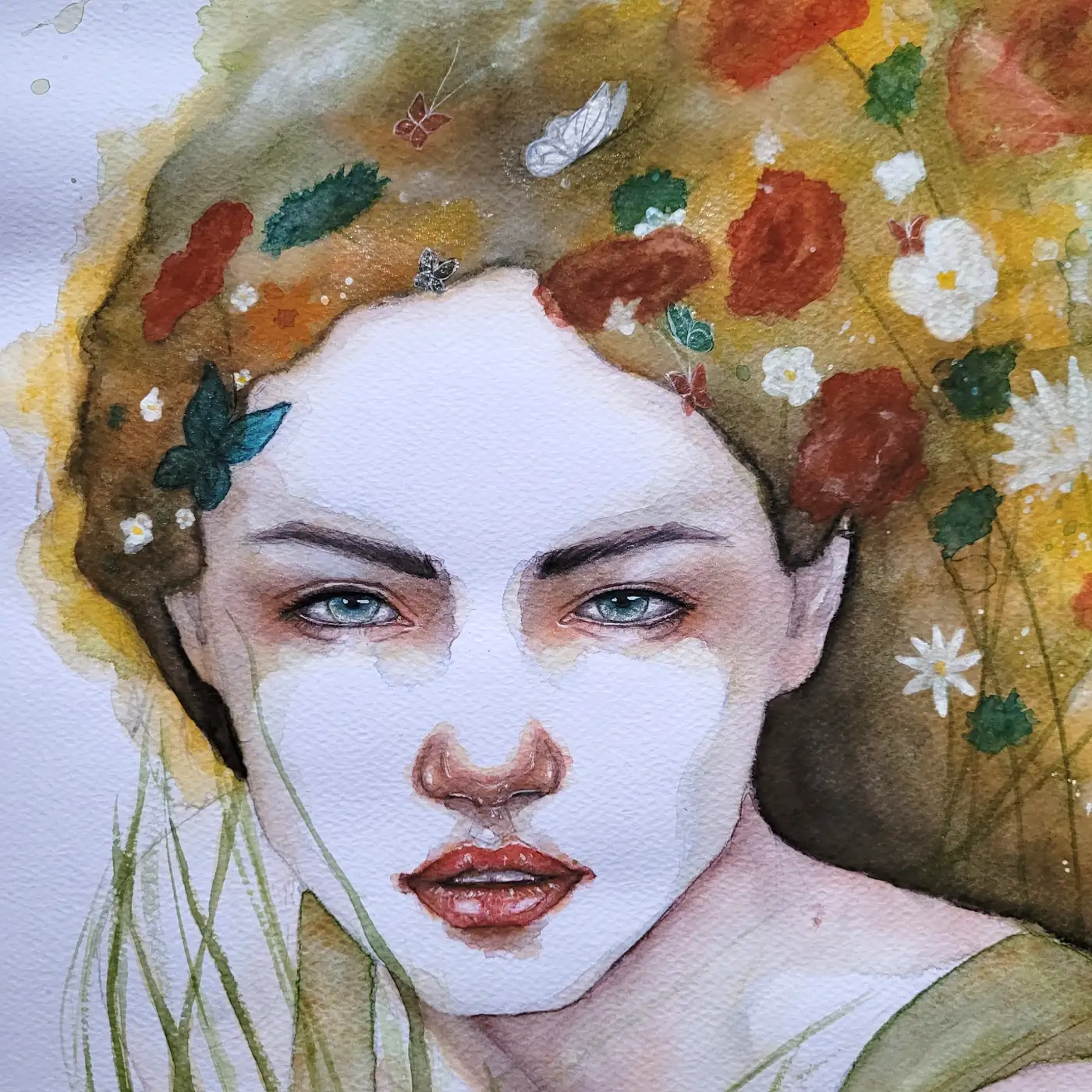 Detail autorského akvarelového obrazu Pohlédni mi do očí