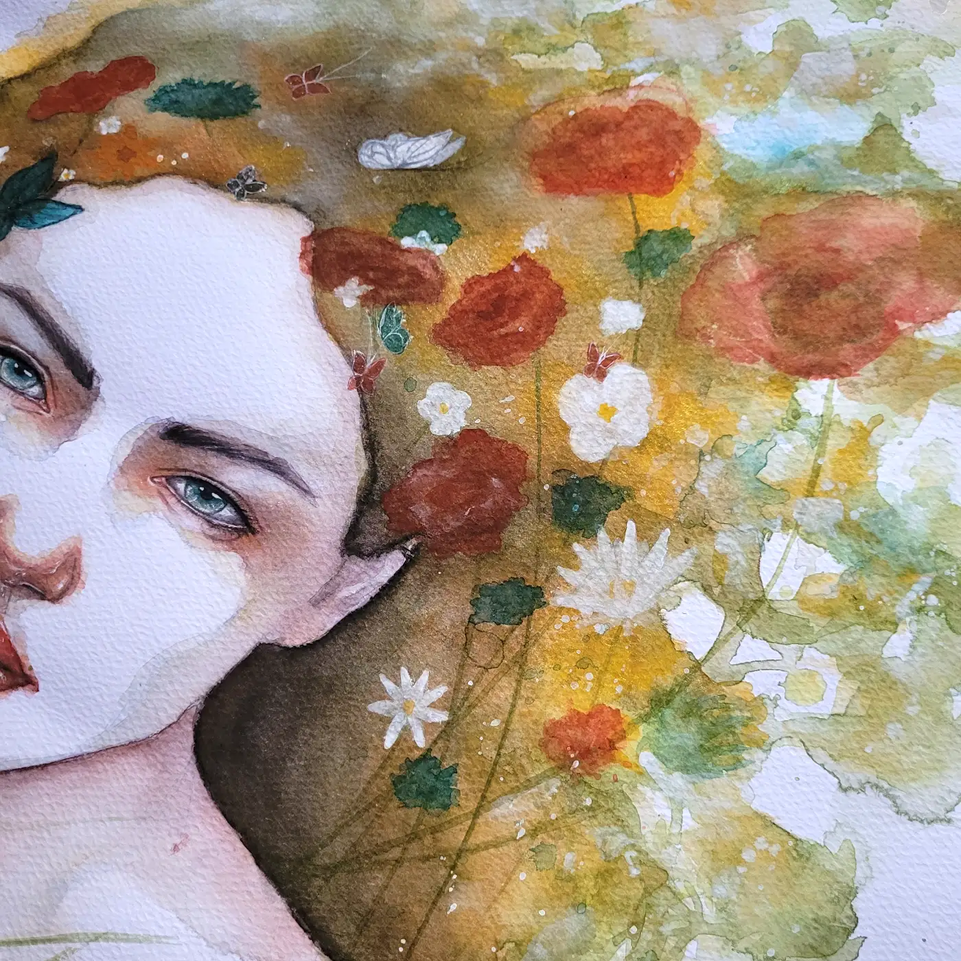 Detail autorského akvarelového obrazu Pohlédni mi do očí